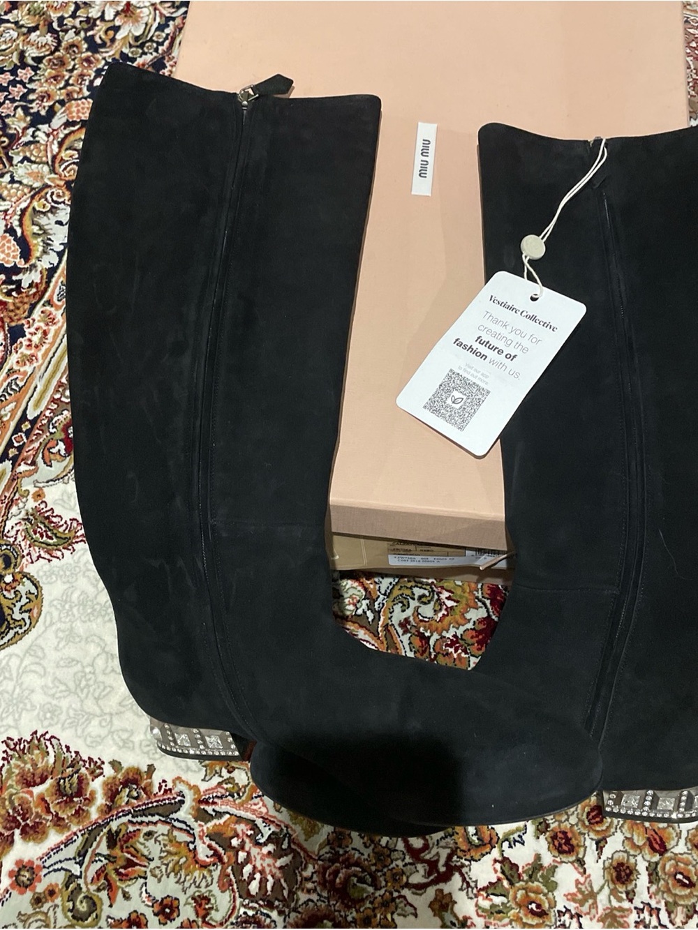 Miu Miu Black Suede Over-the-Knee Boots with Embellished Heel
